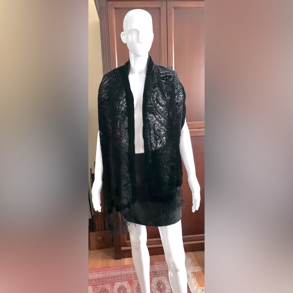 Black Rectangular Shawl Long Wrap Scarf Black She… - image 2